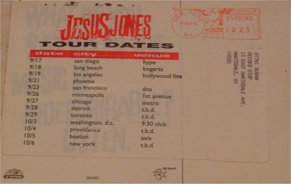 Jesus Jones Tour Dates Postcard September and October 1990