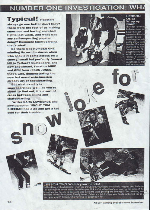 Jesus Jones article Number One Magazine, 1990 Snowboarding