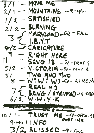 Set List from the Doubt Tour